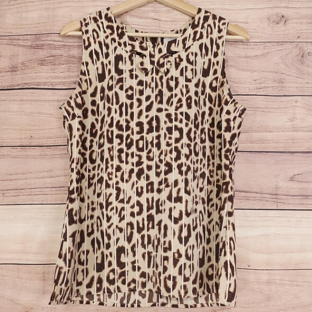 CAbi Blouse Womens S Brown‎ Leopard Animal Print Sleeveless Zip Back Top